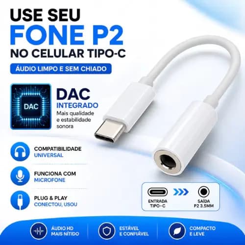 🎧 Adaptador USB Tipo C Para P2 3,5mm Áudio Sem Ruído Plug Play Universal Celular Tablet