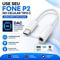 🎧 Adaptador USB Tipo C Para P2 3,5mm Áudio Sem Ruído Plug Play Universal Celular Tablet
