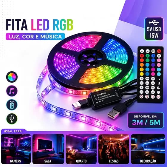 🔥 🌈 Fita LED RGB 5050 16 Milhões De Cores 3M/5M | Luz Sincronizada Música Controle 44 Teclas 5V USB