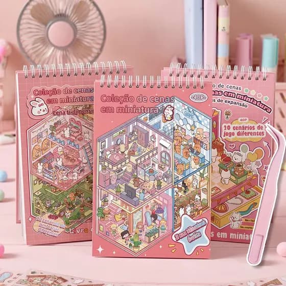 📘 Caderno Adesivos 3D 2.0 20 Cenas 40 Páginas Com Pinça | Livro Silencioso Educativo Concentração Para Crianças
