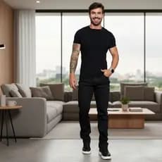 Calça Jeans Preta Masculina Corte Reto Com Elastano Casual Bolsos Funcionais