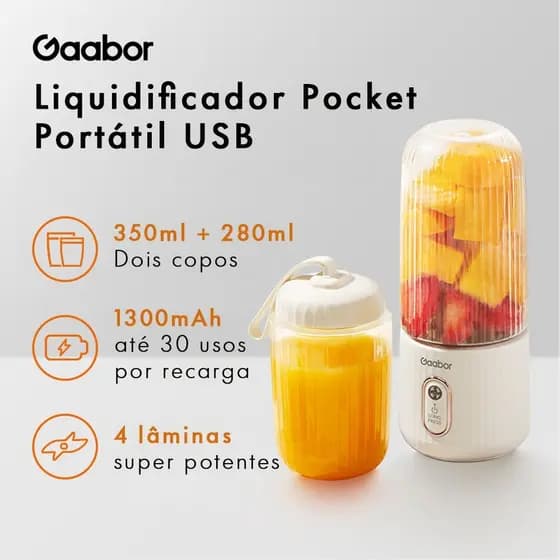 Gaabor Espremedor de Frutas Portátil Bateria de Grande Capacidade USB de Bolso 350 ml 280 ml 4 Lâminas FP03T-WH01A