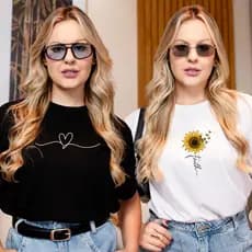 Kit 2 Camiseta Estampada Feminina Blusa Estilosa 100% Algodão Promoção