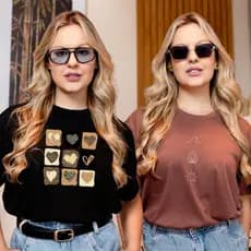 Kit 2 T-Shirt Feminina Estampada Blusa Várias Cores Promoção