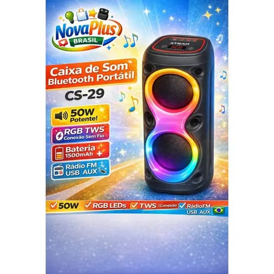 Caixa de Som Bluetooth Portátil 50W RGB TWS Sem Fio CS-29 com Rádio FM USB Aux Bateria 1500mAh
