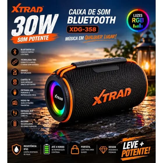 Caixa de Som Bluetooth 20W Altomex AL-9991 RGB TWS FM USB Cartão TF Portátil Resistente à Água