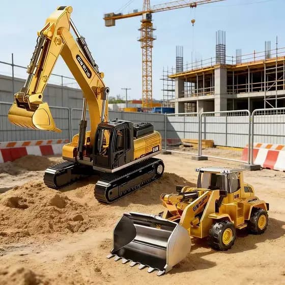 Brinquedo Miniatura de Escavadeira, Carregadeira e Guindaste – Veículos de Construção Civil