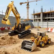 Brinquedo Miniatura de Escavadeira, Carregadeira e Guindaste – Veículos de Construção Civil