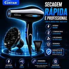 Secador de Cabelos Profissional com Difusor LONYAN 220V 127V 110V tecnologia com Ion 5 Níveis Quente Frio Silencioso
