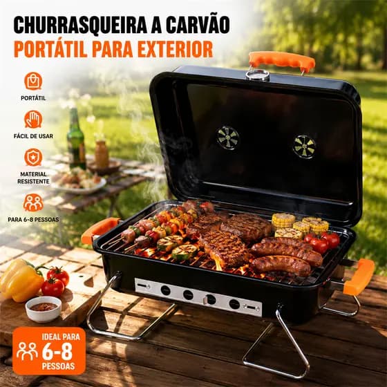 Churrasqueira Portatil Com Tampa Carvao Pequena Inox Estável Fácil De Limpar Para Camping Externa Jardim 2-4 Pessoas