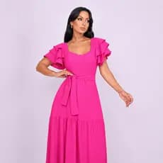 Vestido Longo Feminino Rosa Ziper  Manga Três Marias Duna Elegante Luxo Moda Evangélica Festa Casual Cinto