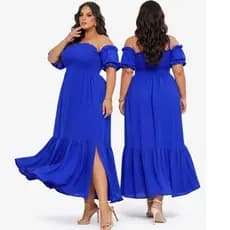 Vestido Longo Plus size Manga Ciganinha  Liso Lastex Feminino Soltinho Moda Casual Elegante Evangélica Festa Casamento