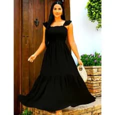 Vestido Longo preto Liso Lastex Feminino Soltinho Moda Casual Elegante Evangélica Festa Casamento