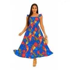 Vestido Longo estampado azul  Lastex Feminino Soltinho Moda Casual Elegante Evangélica Festa Casamento