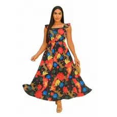 Vestido Longo estampado preto Lastex Feminino Soltinho Moda  Casual Elegante Evangélica Festa