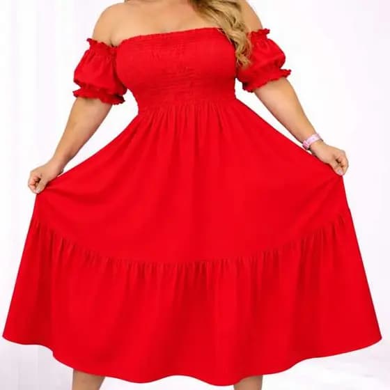Vestido Longo Plus Size Vermelho Ciganinha Lastex Feminino Soltinho Moda Maior Elegante Evangélico Tendencia 2026 Verão