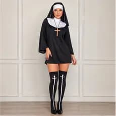 Kit Fantasia Freira Halloween 4 Peças Véu Gola Meia Crucifixo
