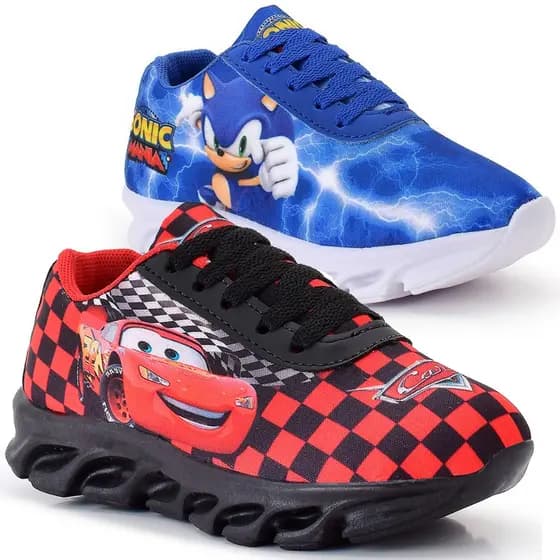 Kit 2 Tênis Infantil Menino Relâmpago McQueen e Sonic Super Confortável e Leve