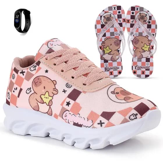 Kit Tênis Infantil Capivara Menina Casual + Chinelo Infantil + Relógio Digital