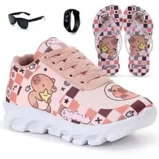 Kit Tênis Infantil Capivara Menina + Chinelo + Relógio + Óculos Infantil
