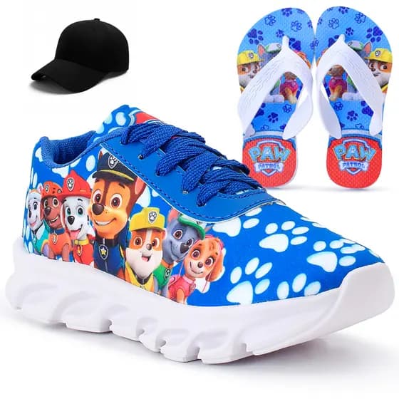 Kit Tênis Infantil Patrulha Canina Menino + Boné + Chinelo Infantil