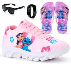 Kit Tênis Infantil Stitch Menina Casual + Chinelo + Óculos + Relógio