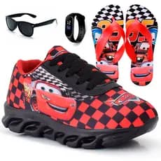 Kit Tênis Infantil Relâmpago Mcqueen Casual + Chinelo + Relógio + Óculos