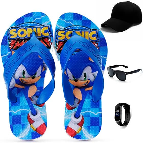 Kit Chinelo Infantil Menino Sonic + Boné + Relógio + Óculos Henry Calçados