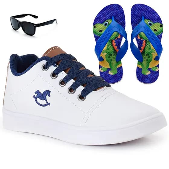 Kit Tênis Infantil Menino Branco + Chinelo Infantil + Óculos