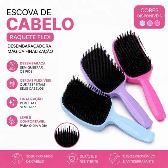 Escova de Cabelo Raquete Flex Desembaraçadora Mágica Finalização Entrega Rápida