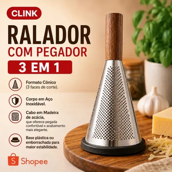 Ralador Cone 3 em 1 Aco Inox Madeira Acacia Multiuso Queijo Legumes Frutas Chocolate Cozinha