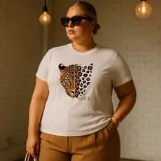 Camiseta Plus Size Feminina Estampada Onça 100% Algodão Premium Verão Academia Treino Blusa Camisa