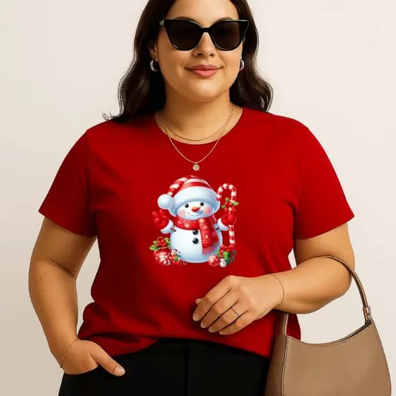 Camiseta Plus Size Feminina Estampada Boneco De Neve Natal 100% Algodão Premium Verão Academia Treino Blusa Camisa