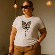 Camiseta Plus Size Feminina Estampada Borboleta Onça 100% Algodão Premium Verão Academia Treino Blusa Camisa