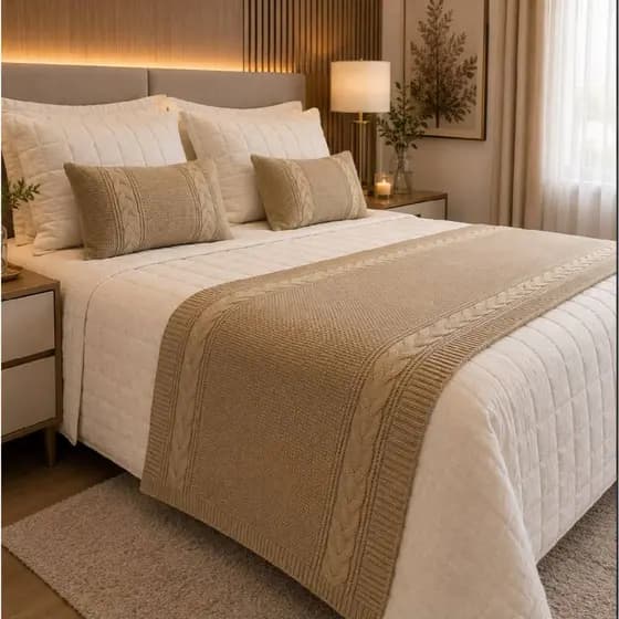Kit Peseira Tricot Manta Trança Lateral Cama Casal Queen King + 2 Capa Almofada 30x50 Tricot Premium