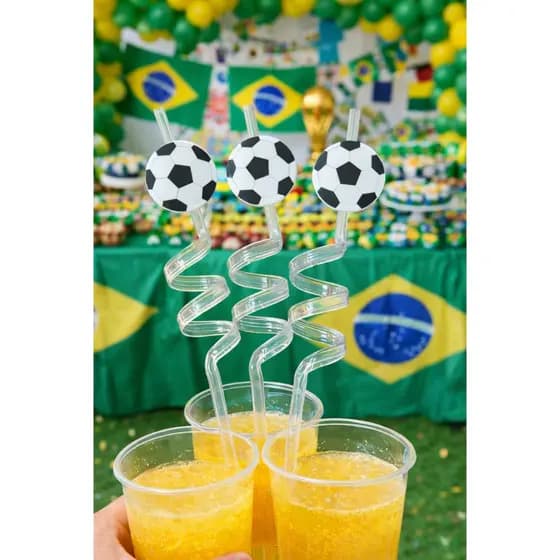 Canudo Decorado Bola de Futebol | 4 ou 8 Unidades - Copa do Mundo