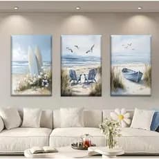 Kit 3 Quadros Decorativos Praia Surf Cadeiras Barcos Sala De Estar Escritório Biblioteca Bar