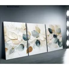 KIT 3 QUADROS DECORATIVOS FOLHAGENS BEGE AZUL DOURADO SALA ESCRITORIO