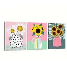 KIT 3 QUADROS DECORATIVOS GIRASSOL ARCO IRIS FLORES ABSTRATO SALA ESCRITORIO QUARTO