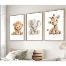 KIT 3 QUADROS DECORATIVOS LEÃO ELEFANTE GIRAFA  FILHOTES INFANTIL SALA DE JOGOS QUARTO INFANTIL