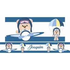 Kit 4 Faixas Decorarivas Adesivas Infantil Menino Ursinhos Avião Balão Azul Nome Personalizado