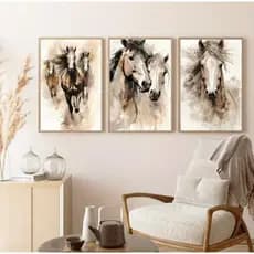 Quadros Decorativos Trio Cavalos em Aquarela Arte Moderna para Sala, Escritório e Ambiente Rústico