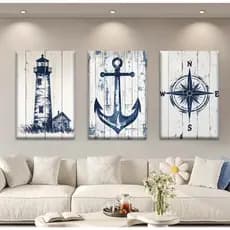 Kit 3 Quadros Decorativo Bússola Farol Ancora Nauticos Sala de Estar Biblioteca Café Escritório