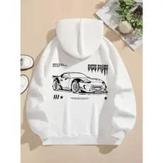 Moletom com estampa de carro, capuz casual com cordão para o inverno e outono, roupas Unisex