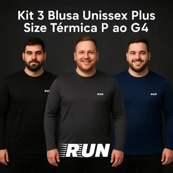 Kit 3 Blusa Térmica Unissex Plus Size Manga Longa UV50+ Segunda Pele Malha Fria Academia P ao G4 RUN