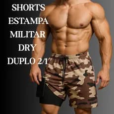 Shorts Duplo 2 em 1 Dry Estampa Militar P ao G3 Plus Size Camuflado Academia Treino Run Training
