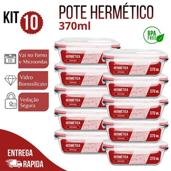 Kit 10 Potes Herméticos de Vidro 370ml Marmita com Tampa Forno e Micro-ondas