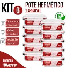 Kit 6 Potes Herméticos de Vidro 1040ml Marmita com Tampa Para Forno e Micro-ondas