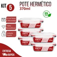 Kit 5 Potes Herméticos de Vidro 370ml Marmita com Tampa Para Forno e Micro-ondas