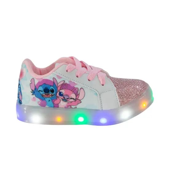 Tênis Led Infantil Stitch Menina Branco Rosa Gliter Feminino Led Luz Colorido Confortável Leve Macio